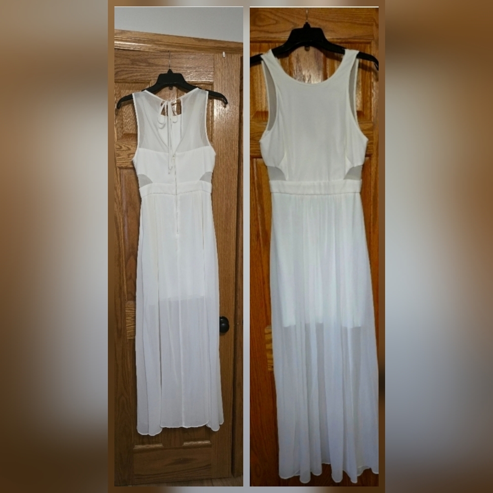 Bijou Bijou White Scoop Neck Illusion Cut Out Maxi Slit Sheer Dress